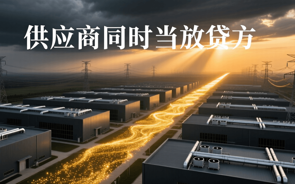 黄昏时分算力园区俯瞰,成排数据厂房与高压输电铁塔,金色光带贯穿园区,象征芯片供应与信贷资金的双重管道