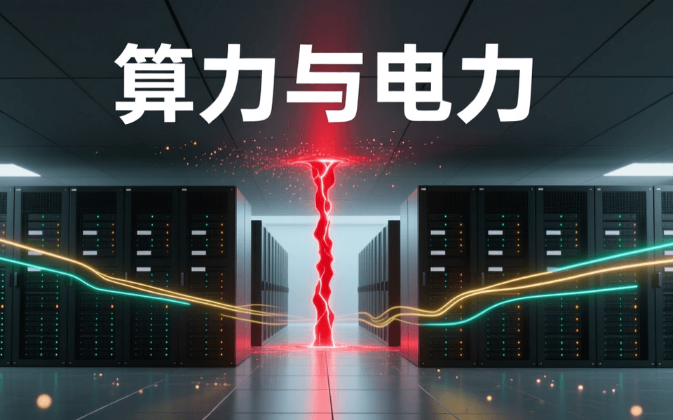 以成排数据中心机房与横贯画面的电力光流表现的 AI 基础设施资本布局