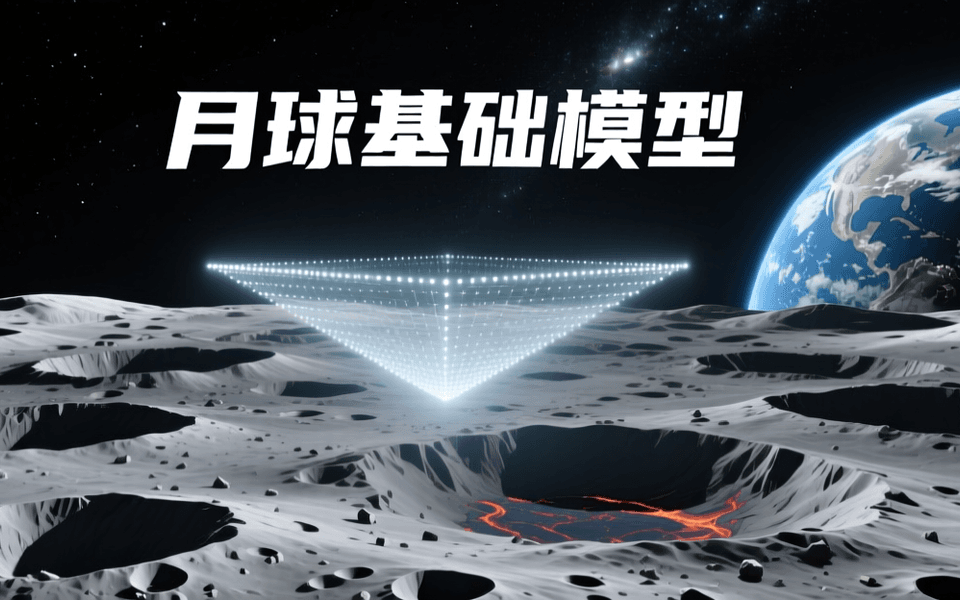 月球表面广角场景,前景起伏的灰色月壤与撞击坑边缘,远景为地球弧线与深空星野