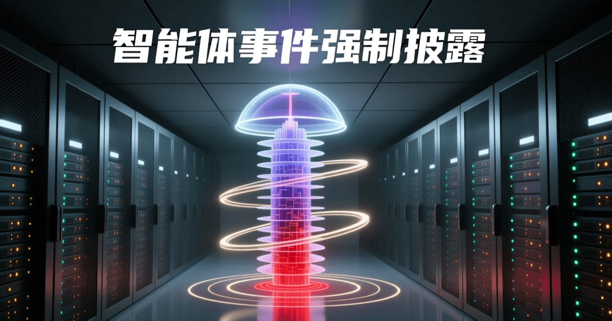 数据中心冷通道中悬浮的多层发光薄板堆叠枢纽塔,塔身外环绕三道水平光环,一道赤红数据流自塔底升至顶端