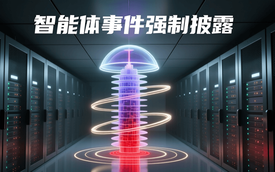 数据中心冷通道中悬浮的多层发光薄板堆叠枢纽塔,塔身外环绕三道水平光环,一道赤红数据流自塔底升至顶端