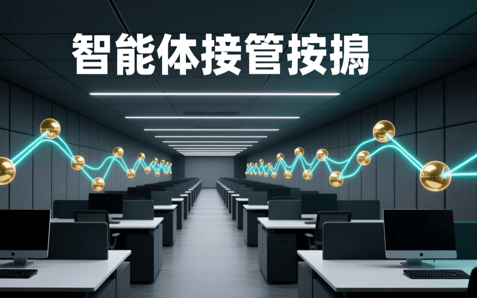 现代银行后台运营中心内部,成排深色工位沿纵深延伸,中景悬浮由发光节点构成的三维流程网络