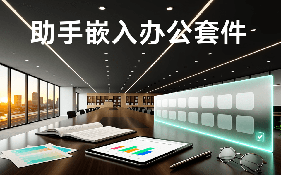 整洁办公桌面上摊开文档与平板电脑,旁边悬浮一块半透明的发光侧边栏面板,象征 AI 助手嵌入文档、表格与演示之中。