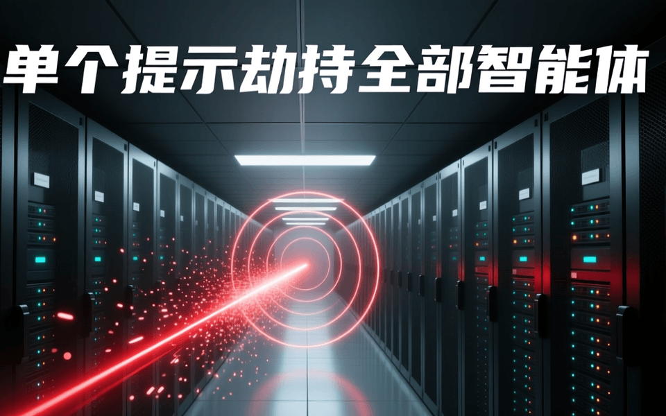 数据中心冷通道纵深,两侧深色网孔机柜仅亮指示灯,一道赤红高亮数据流自机柜深处贯穿并逸散为发光粒子