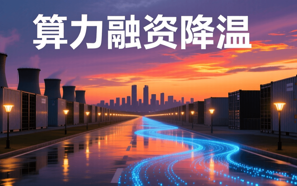 黄昏数据中心园区外景,集装箱式机房与冷却塔延伸至地平线,成排灯柱亮起,配中文标题「算力融资降温」