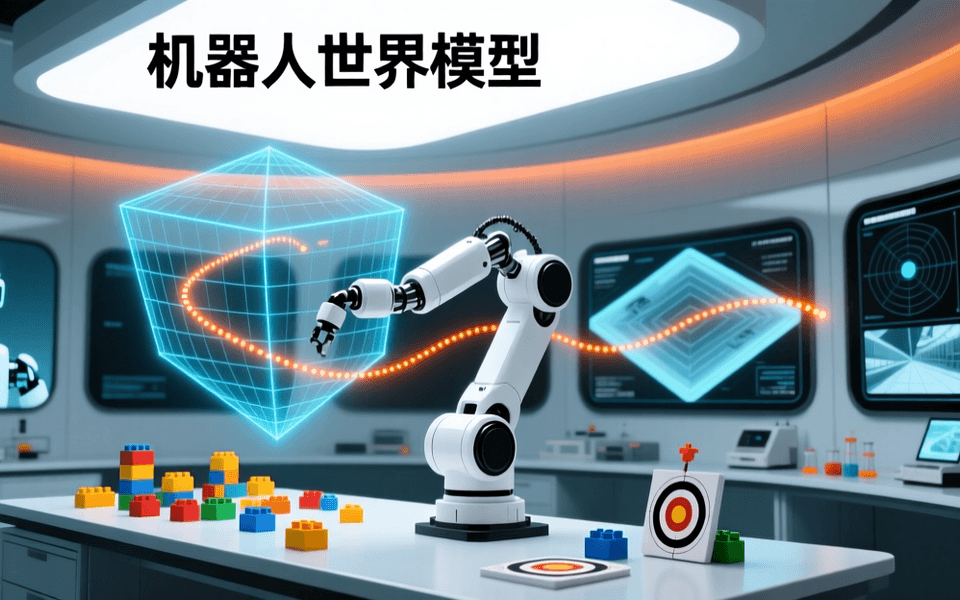 明亮实验室中白色机械臂与彩色积木,上方悬浮预测轨迹光点网格,配中文标题「机器人世界模型」