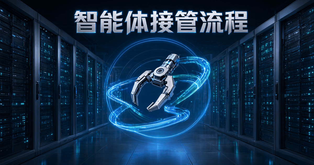 现代企业数据中心机房内成排深色服务器机柜纵深延伸,画面中央悬浮一只简洁的金属机械夹具与环绕的流程光带,蓝色同心光环叠加,配中文标题「智能体接管流程」