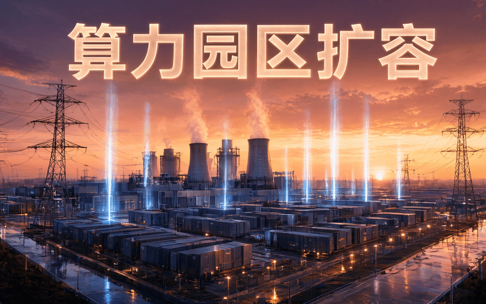 黄昏时分的数据中心园区外景,成排集装箱式机房与竖向冷却塔延伸至地平线,高压输电塔与电线连向远方,竖向自发光光柱拔地而起,配中文标题「算力园区扩容」