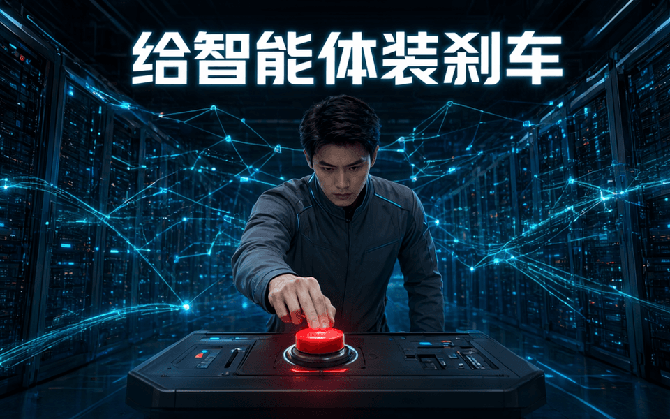 数据中心控制室内操作员按下红色紧急制动装置,智能体流程链路示意