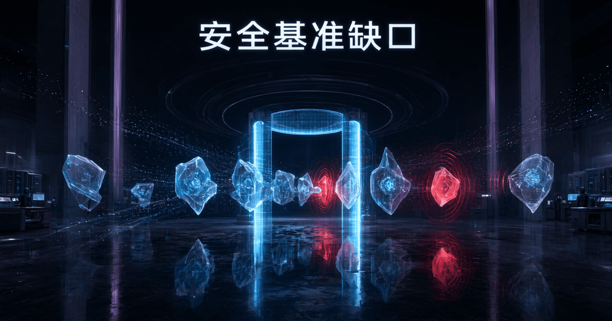 抽象安全测试实验室中,一排模型节点经过安全扫描关卡,部分节点亮起警示红光