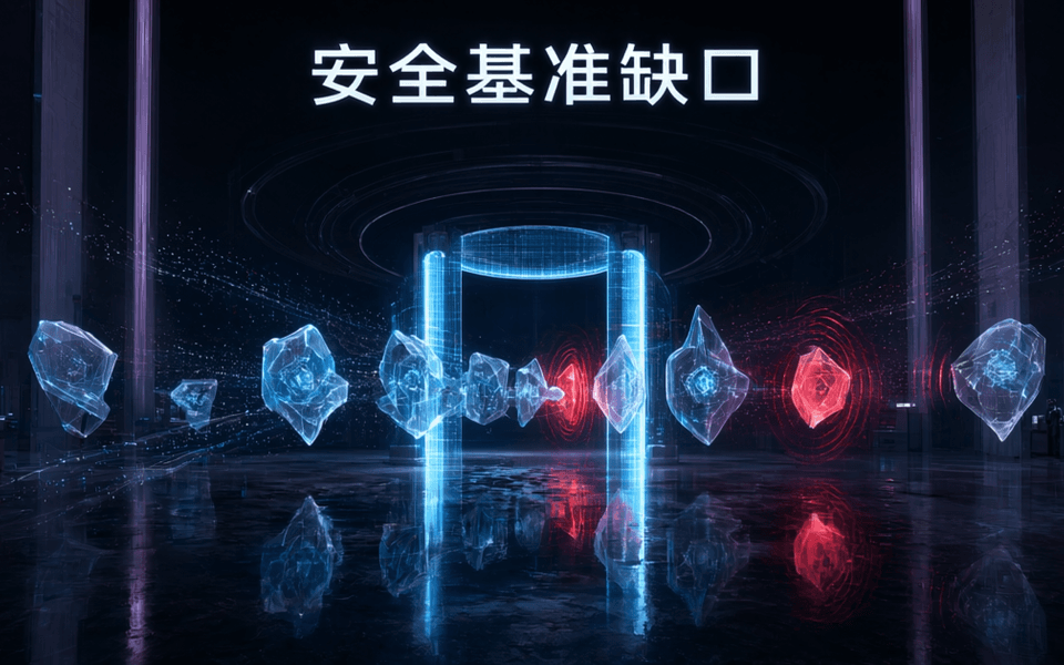 抽象安全测试实验室中,一排模型节点经过安全扫描关卡,部分节点亮起警示红光