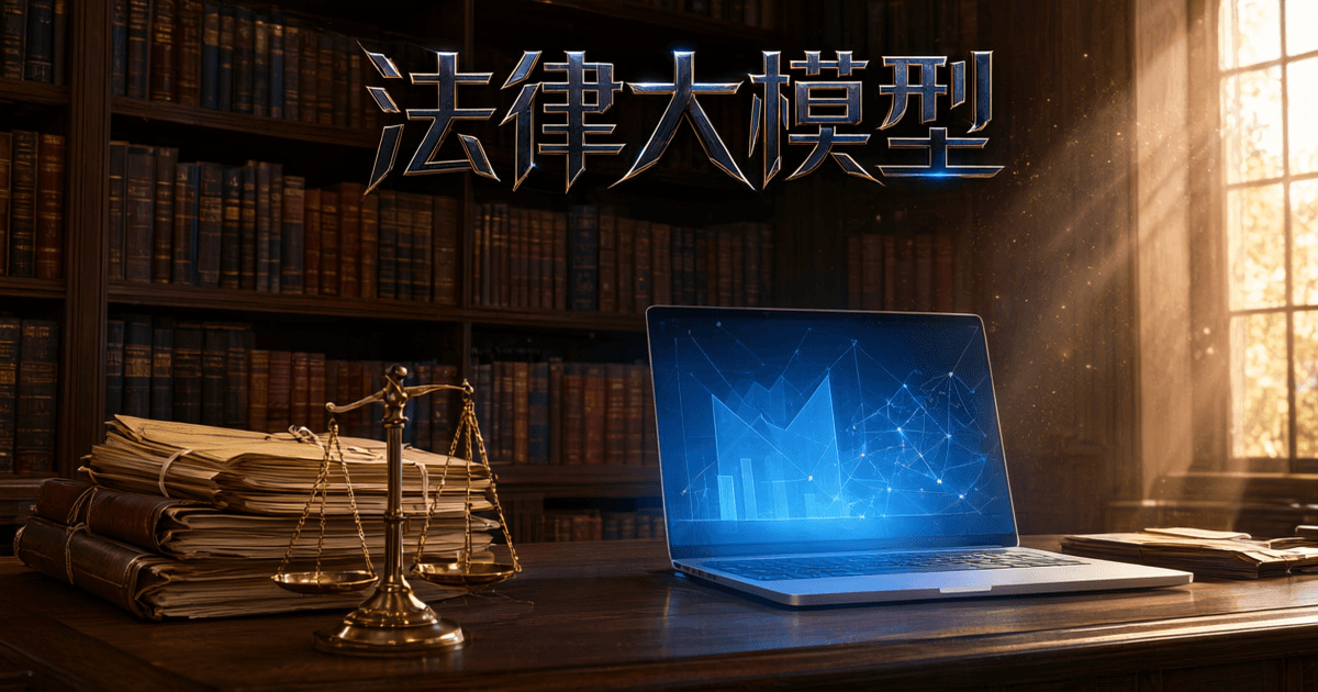 律所案头场景:前景金属天平与成叠合同卷宗,一台笔记本电脑透出蓝光与数据光晕,背景是满墙法律书籍书架与暖阳,顶部为中文标题「法律大模型」