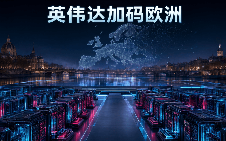 巴黎科技发布现场前景是排列整齐的加速卡机架,背景是欧洲古典建筑天际线与发光点阵版图