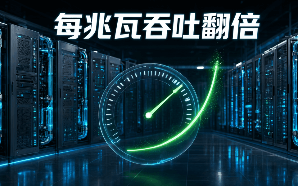 数据中心机房内成排的液冷服务器机柜发出青蓝色光,前方悬浮能量效率仪表盘与上升曲线,顶部有一行中文大标题