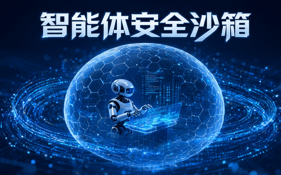 一个由六边形网格构成的透明球形防护罩内,小型机器人正在安全执行代码,罩外环绕网络数据流,顶部有一行中文大标题
