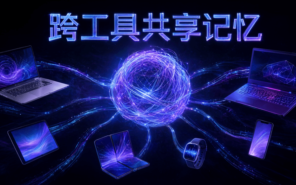 一个由发光丝线编织的记忆网络球体,丝线连接多台不同形态的笔记本与设备并汇聚到中央,顶部有一行中文大标题