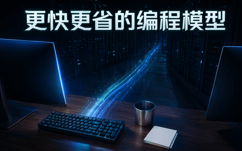 开发者工作台的双屏与蓝色数据光带,画面上方为中文标题更快更省的编程模型