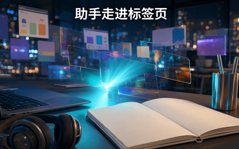 层叠展开的半透明网页卡片与青色光束,画面上方为中文标题助手走进标签页