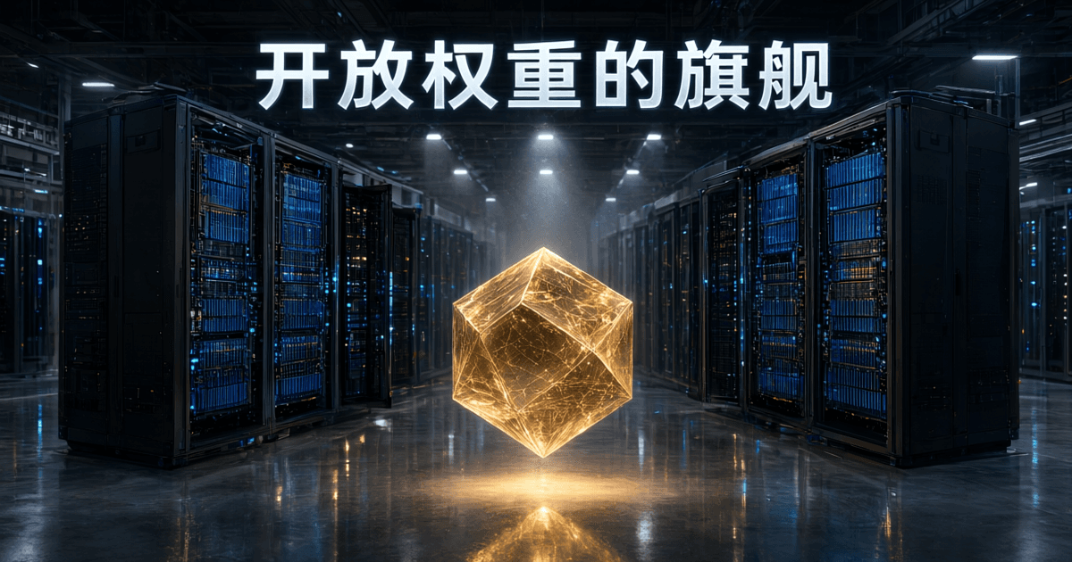 机房机柜与悬浮金色多面体,画面上方为中文标题开放权重的旗舰
