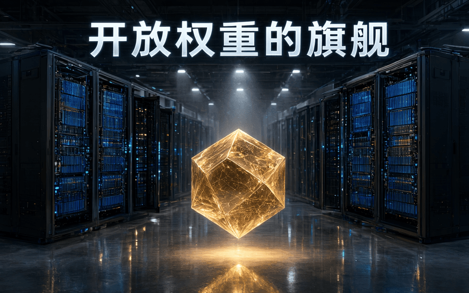 机房机柜与悬浮金色多面体,画面上方为中文标题开放权重的旗舰