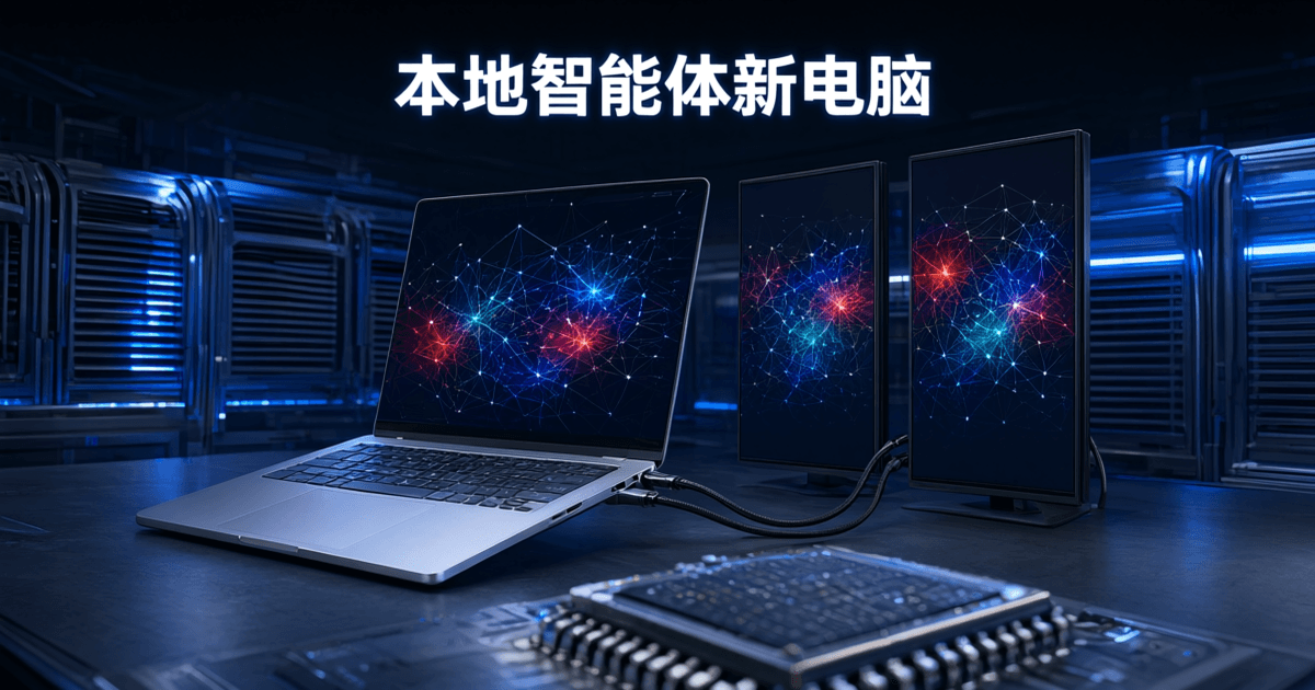 一台银色轻薄笔记本置于工作台中央,屏幕外接双显示器显示神经网络图形,周围有散热风道与芯片特写,顶部有中文标题