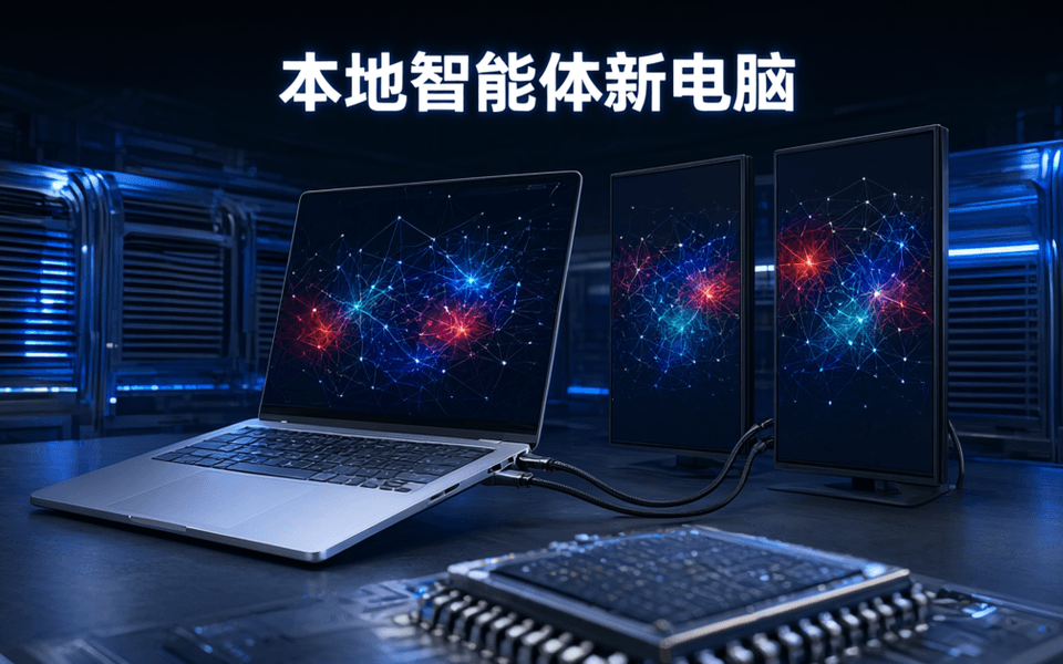 一台银色轻薄笔记本置于工作台中央,屏幕外接双显示器显示神经网络图形,周围有散热风道与芯片特写,顶部有中文标题