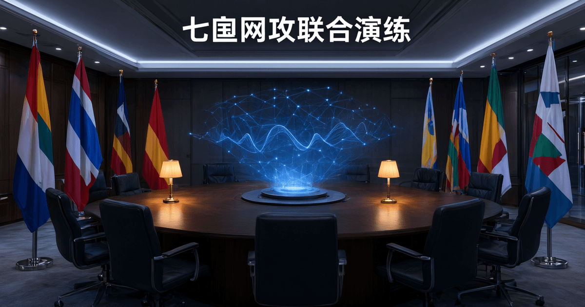 圆形会议桌旁摆放多国国旗与文件夹,桌面中央投影出网络拓扑与告警界面,顶部有中文标题