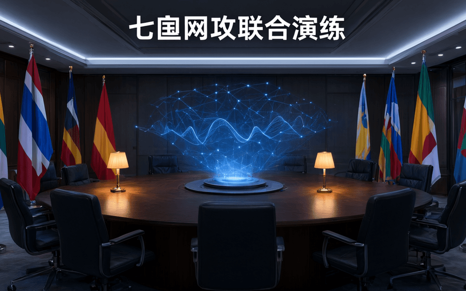 圆形会议桌旁摆放多国国旗与文件夹,桌面中央投影出网络拓扑与告警界面,顶部有中文标题