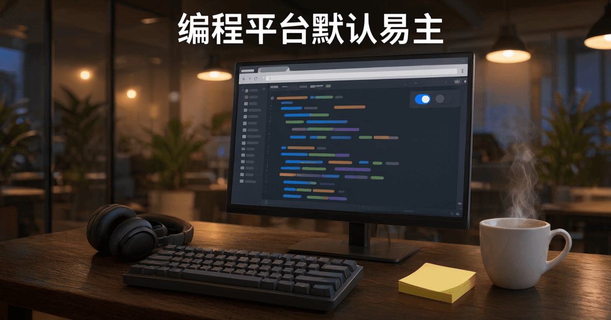 浏览器中的云端编程界面,代码编辑器旁悬浮两个并列的模型切换开关,桌面有键盘与咖啡杯,顶部有中文标题