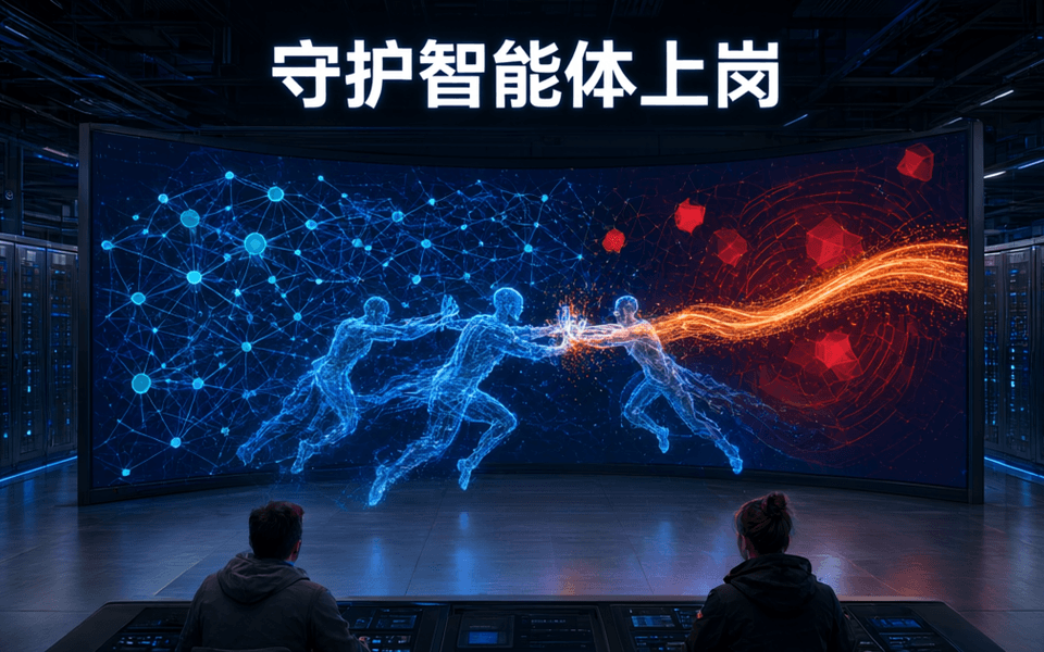 安全运营中心大屏前,数个发光人形守护智能体拦截一条橙色越界数据流