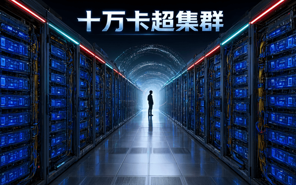 超大规模机房内成排高密度机柜纵深延伸,远端一名工程师站在光带前
