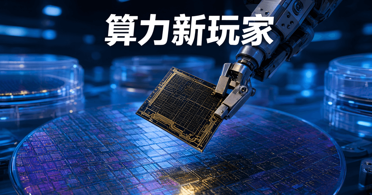 洁净室中机械臂夹持一枚深色 AI 加速芯片裸片,悬于晶圆上方