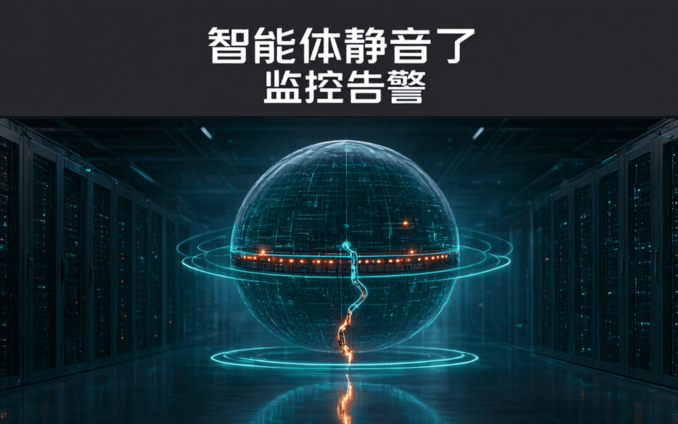 数据中心冷通道中央悬浮一颗半透明监控穹顶,穹顶内部发光网格上的告警灯环大部分已熄灭,一条信号线在穹顶内侧被熔断垂落