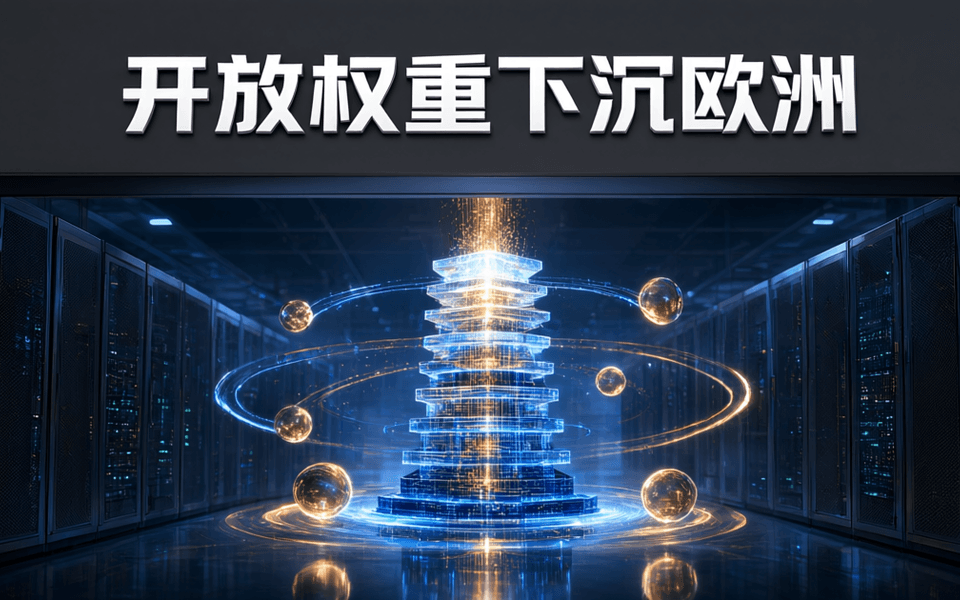 数据中心冷通道中,中央垂直多层发光薄板层级塔自下而上逐级变亮,六个发光球体环绕塔身,同心光环与抛光地面倒影