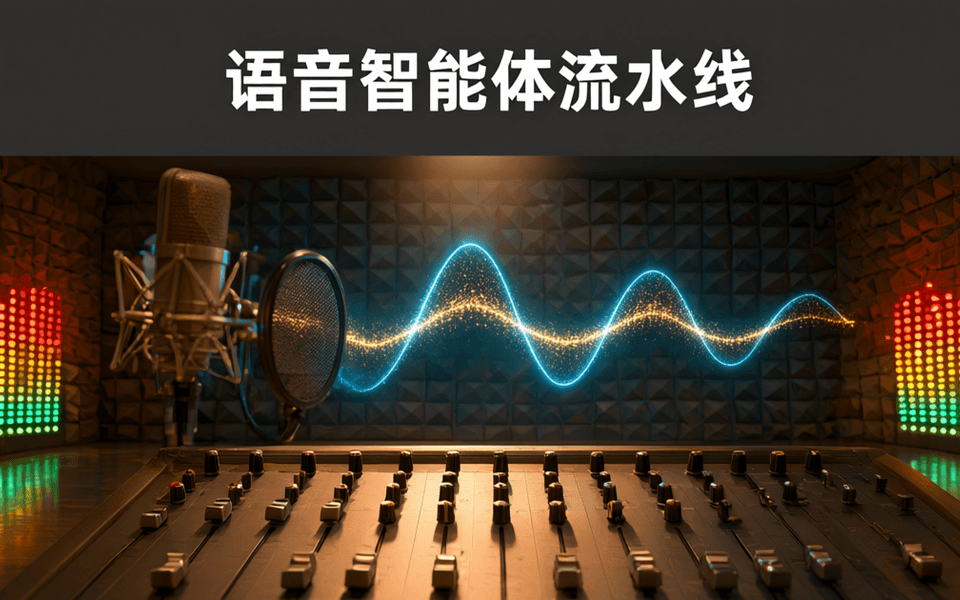 专业录音棚控制室内,前景哑光深灰调音台推子与旋钮整齐排列,中央悬浮三段式发光声波带,墙面吸音楔形海绵阵列与密集电平指示灯
