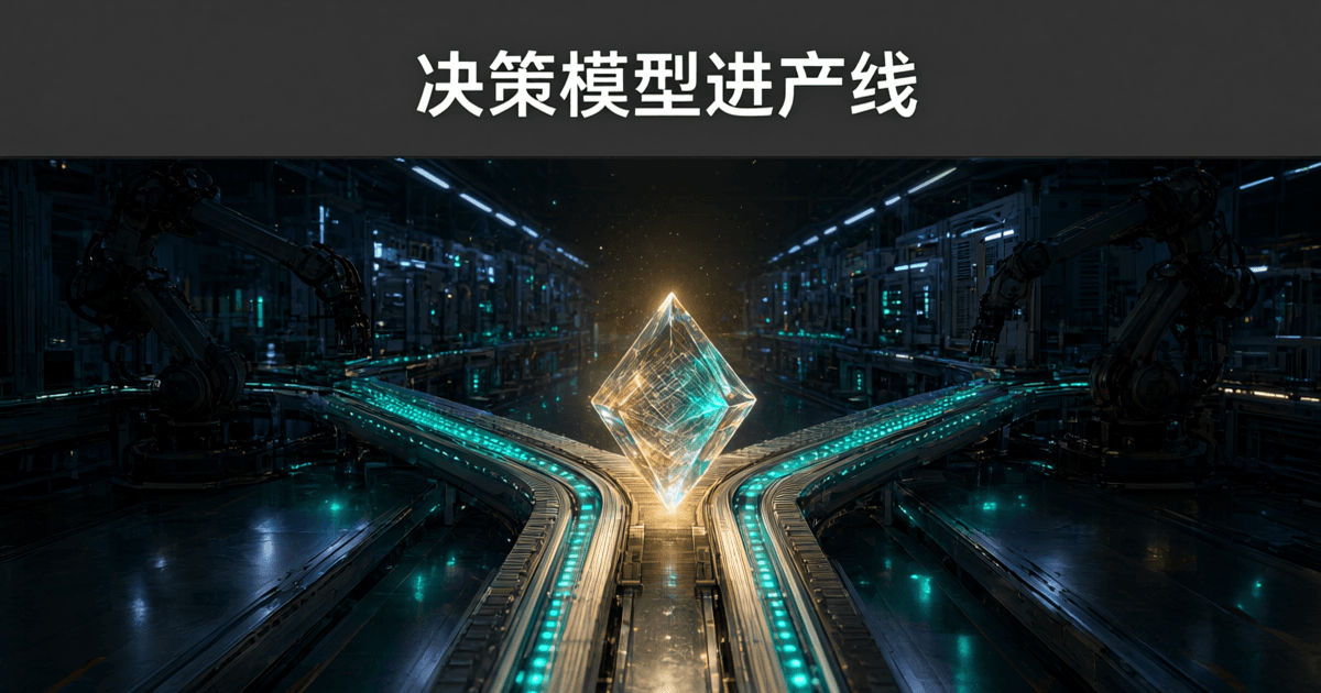 夜晚精密电子产线内多条轨道在中央分叉又汇聚,轨道边缘排列青绿灯带,分叉处悬浮半透明菱形晶体并发散光晕