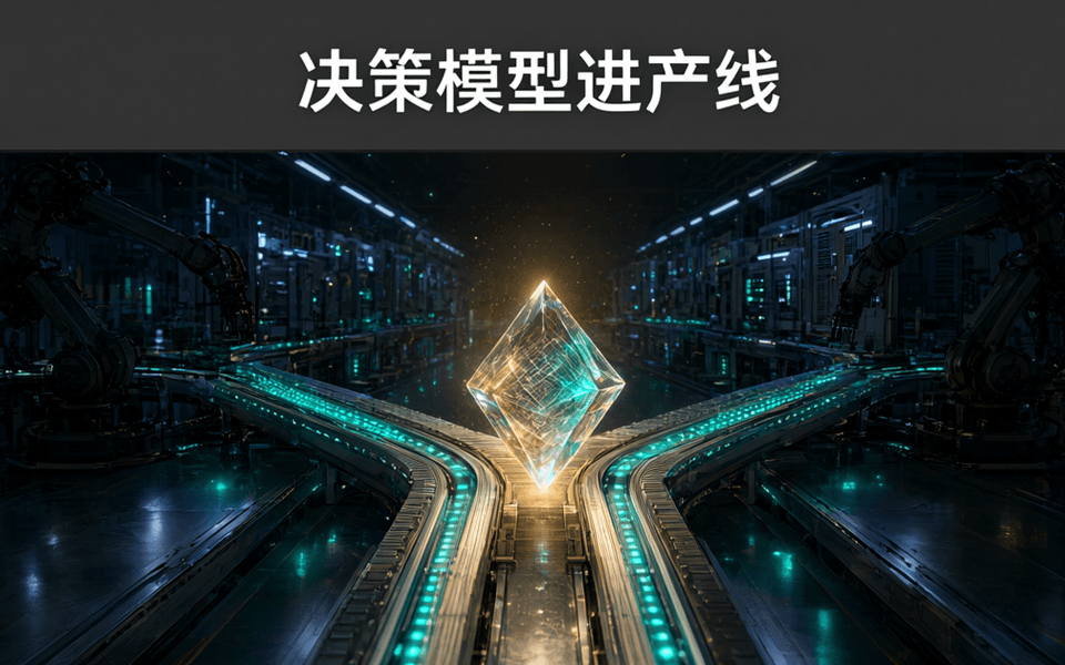 夜晚精密电子产线内多条轨道在中央分叉又汇聚,轨道边缘排列青绿灯带,分叉处悬浮半透明菱形晶体并发散光晕
