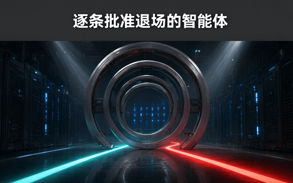 深色工业通道中央的多层同心光环检查闸门,青色通行光带与红色受阻光带在门前分流