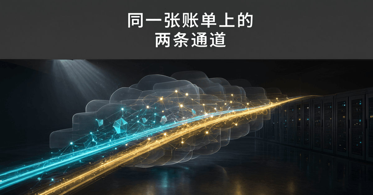 两条并行的发光数据轨道穿过层叠云状结构,最终汇入同一排机柜
