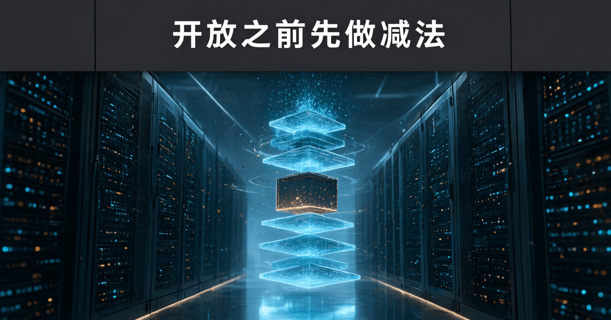 机房中一座由发光薄板层层堆叠的垂直塔,中间一层被整块抽离留下空档,两侧成排机柜向深处延伸