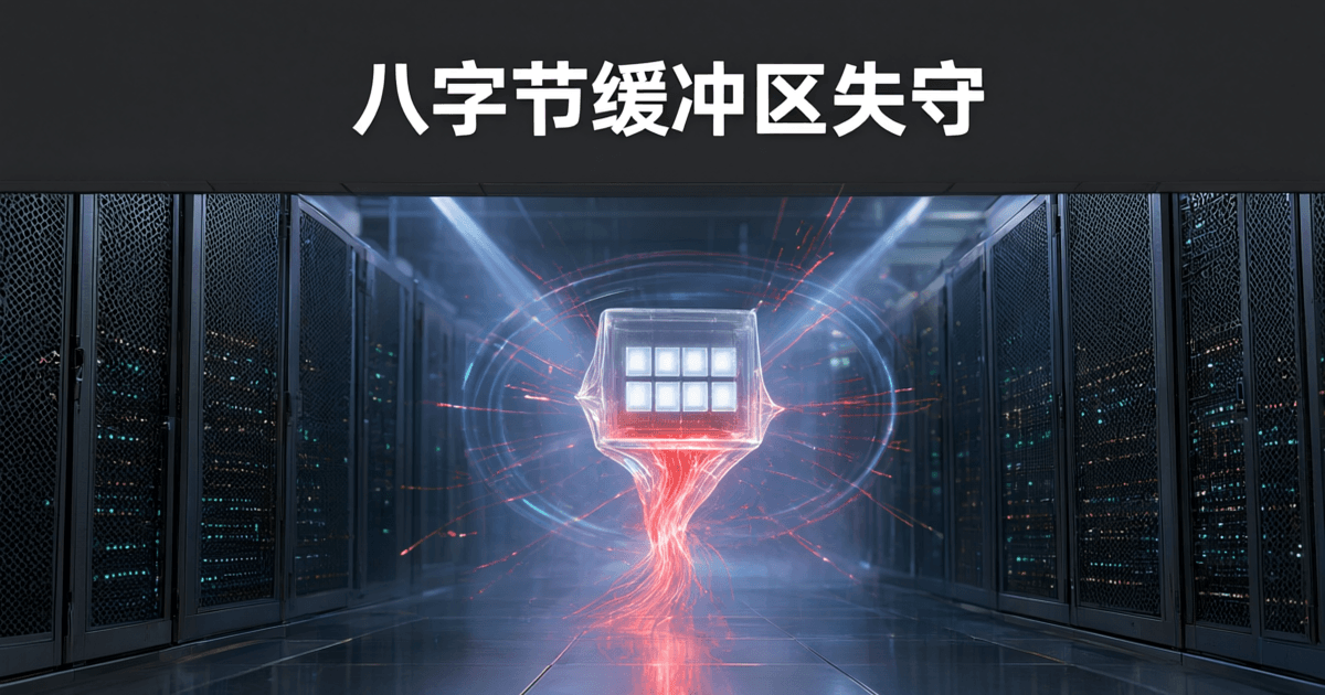 数据中心冷通道中央悬浮一个薄壁透明容器,内部八格发光方块被赤红色数据流撑破,两侧为成排深色网孔机柜,顶部深灰吊顶上有白色中文标题「八字节缓冲区失守」
