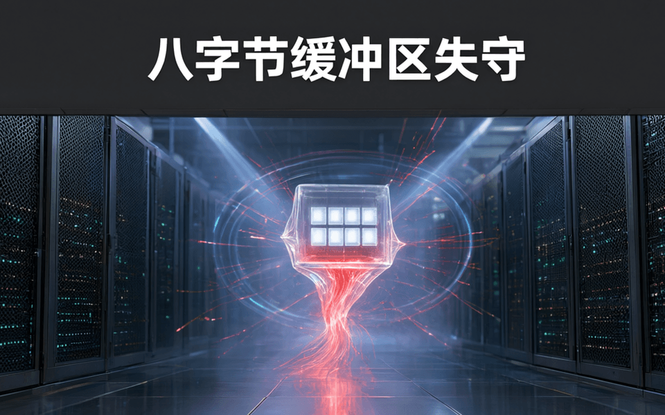 数据中心冷通道中央悬浮一个薄壁透明容器,内部八格发光方块被赤红色数据流撑破,两侧为成排深色网孔机柜,顶部深灰吊顶上有白色中文标题「八字节缓冲区失守」