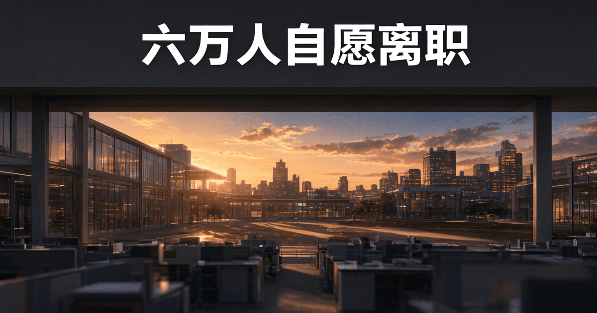 黄昏时分的科技园区,前景成排空置工位的虚化轮廓,中景玻璃连廊,远景城市天际线密集窗灯,顶部深色檐口上一行白色中文标题:六万人自愿离职