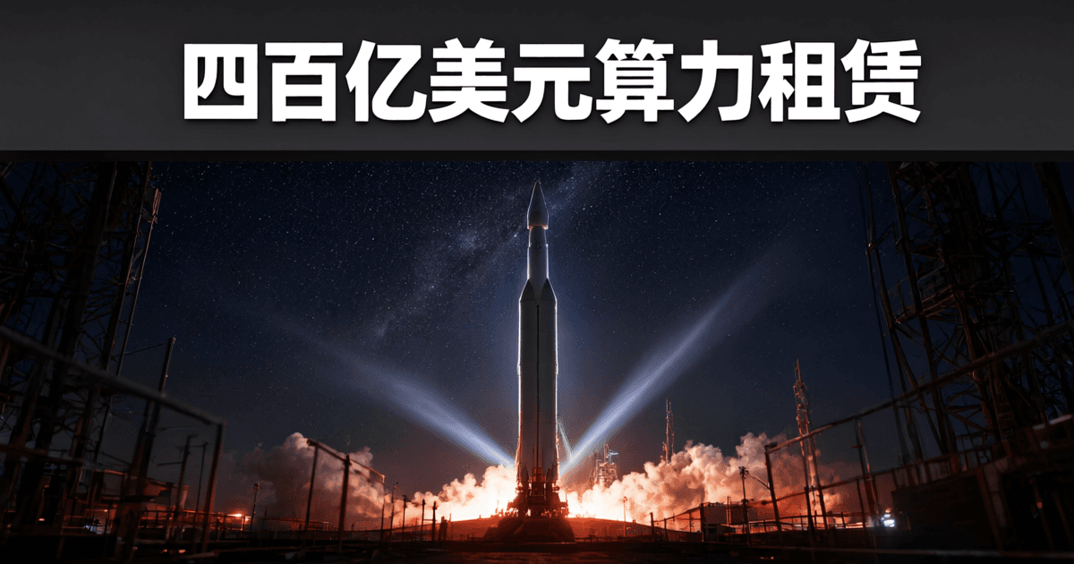 夜间航天发射场,金属塔架剪影与白色箭体逆光轮廓,探照灯光柱与地面蒸汽云,远处地平线与星空,顶部深色区域一行白色中文标题:四百亿美元算力租赁