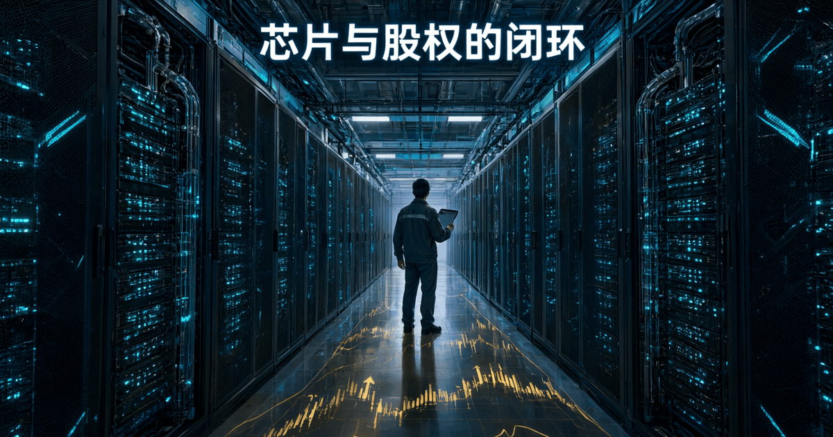 芯片与股权凭证在深色背景中构成闭环的视觉隐喻