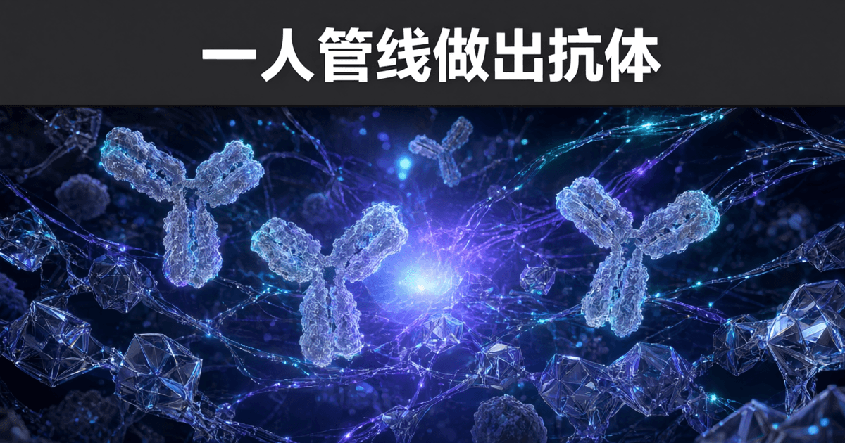 超高倍显微视角下的发光晶体与光丝网络,Y 形抗体分子结构悬浮其中,粒子光流环绕