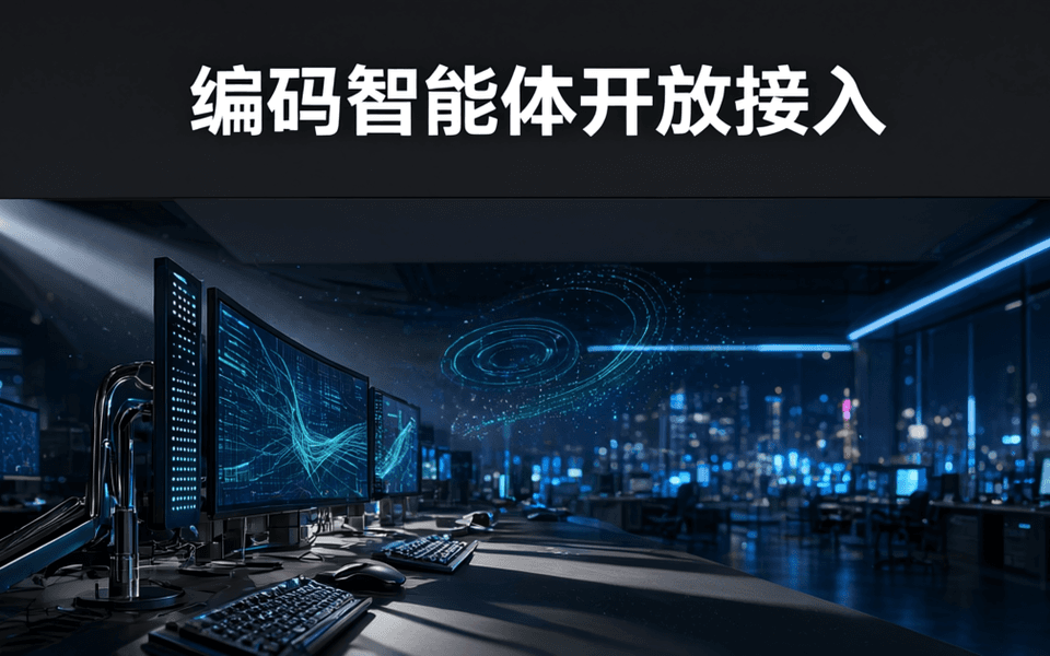 深夜研发工作台近景,键盘与鼠标虚化,中景多块竖屏显示抽象几何图形,远景成排工位与蓝色灯带向纵深延伸