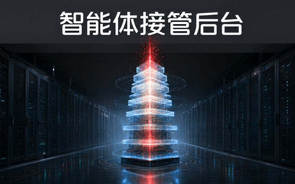 数据中心内由多层发光薄板堆叠而成的垂直层级塔,赤红数据流自塔底贯穿至塔顶并逸散为粒子