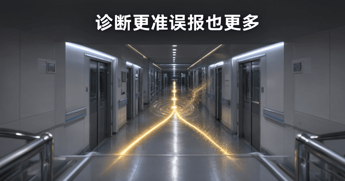 夜间医院影像科室走廊中悬浮一条金色光带构成的分叉路径,一条稳定通向远处、另一条末端碎裂为漂浮光点