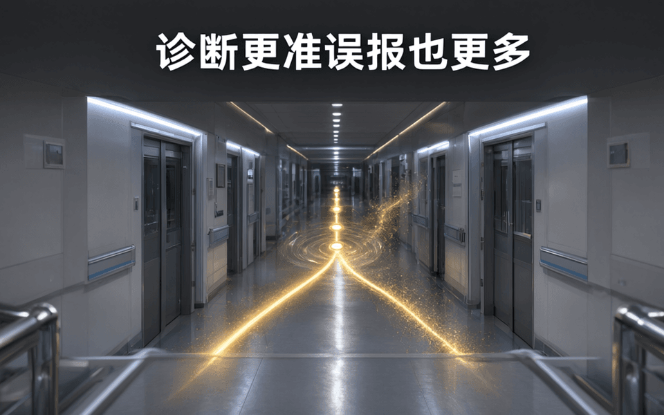 夜间医院影像科室走廊中悬浮一条金色光带构成的分叉路径,一条稳定通向远处、另一条末端碎裂为漂浮光点